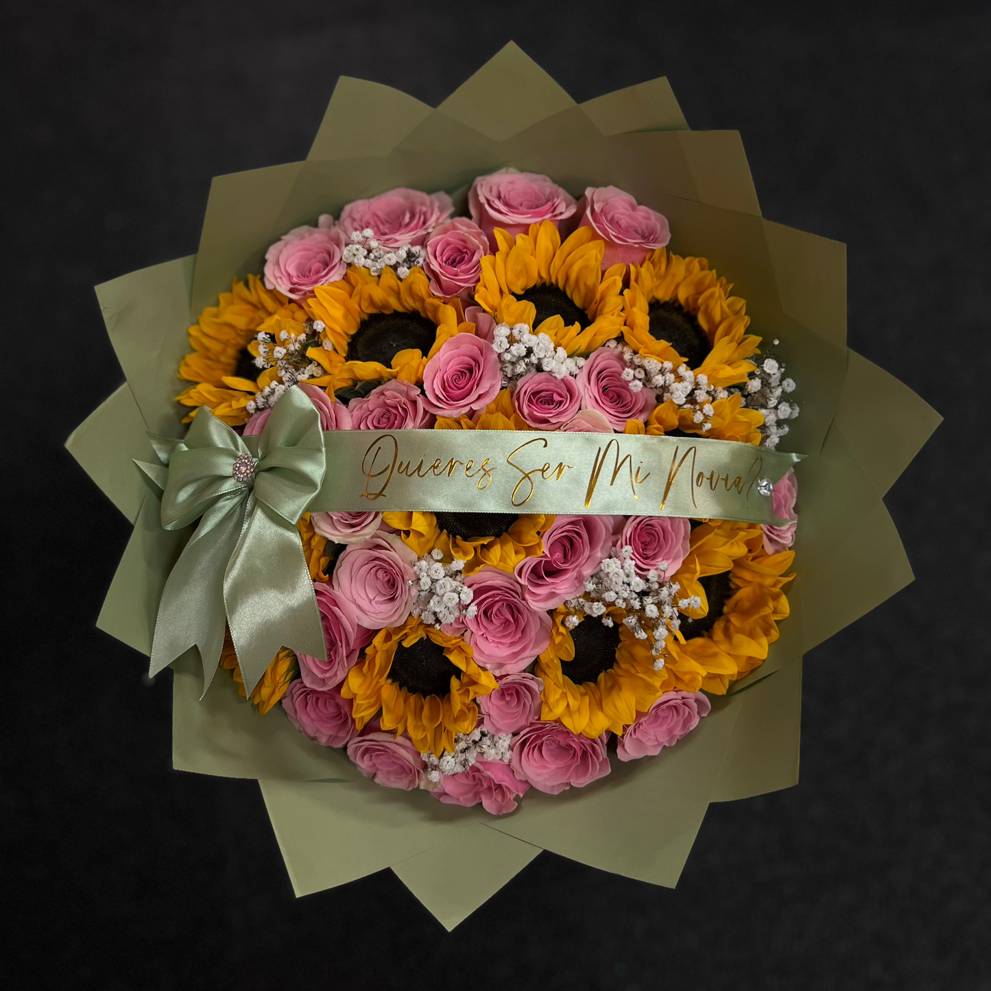 sunflowers and pink roses